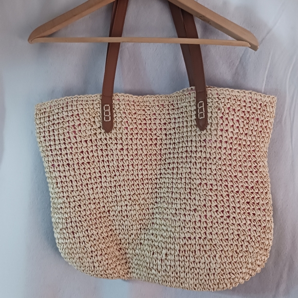 INC Pom Pom Rattan Straw Beach Bag Handbag Tote Purse Perfect For Summer! - Picture 5 of 10